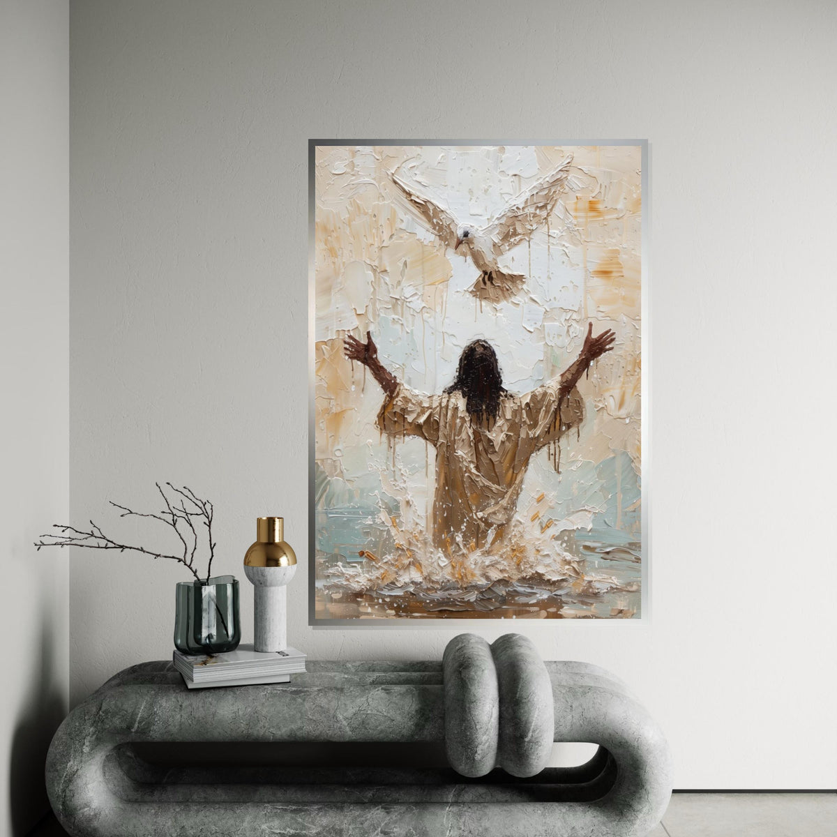 Baptism of Jesus Canvas Wall Art – Impasto Painting with Holy Spirit Dove, Inspirational Christian Décor, Spiritual Home Gift