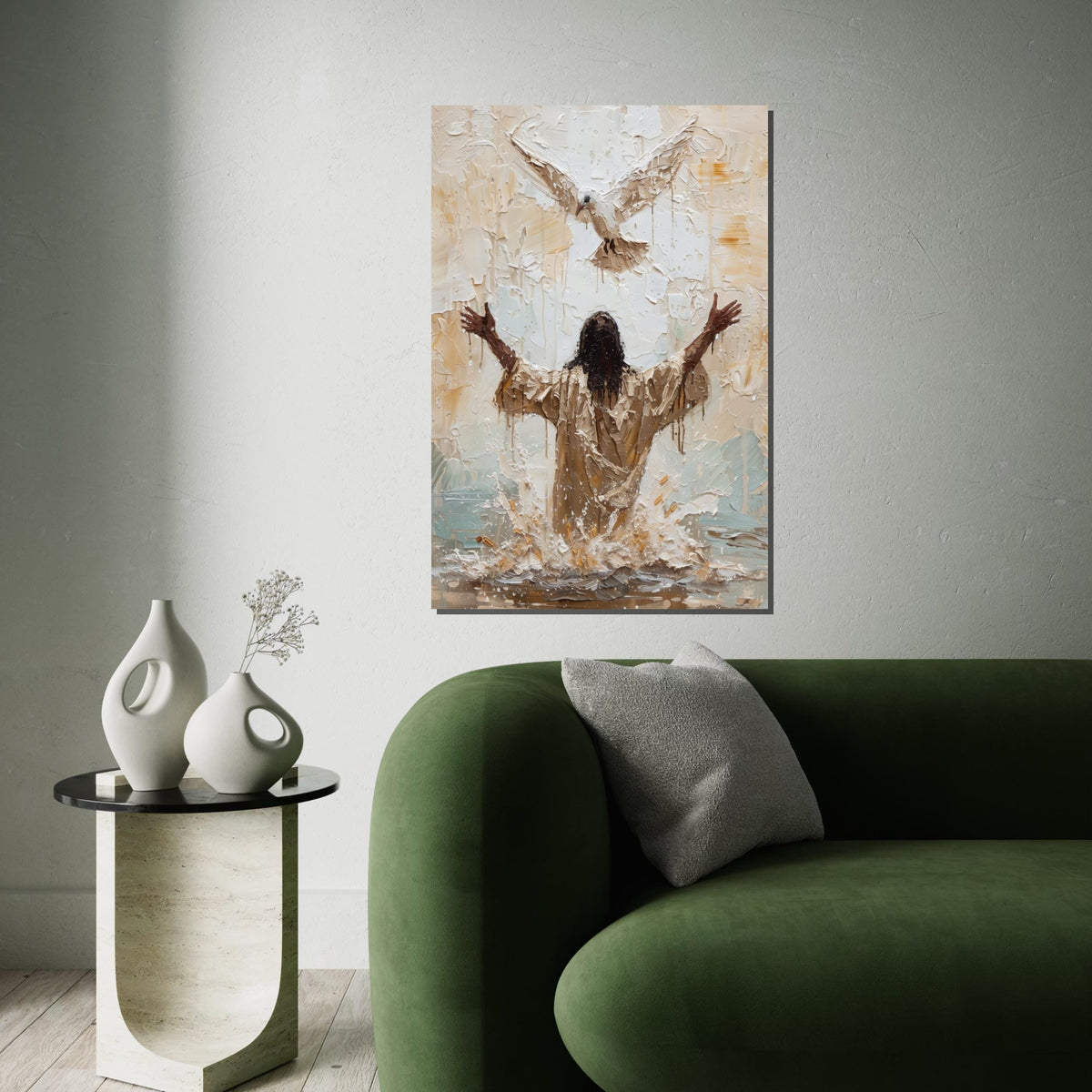 Baptism of Jesus Canvas Wall Art – Impasto Painting with Holy Spirit Dove, Inspirational Christian Décor, Spiritual Home Gift