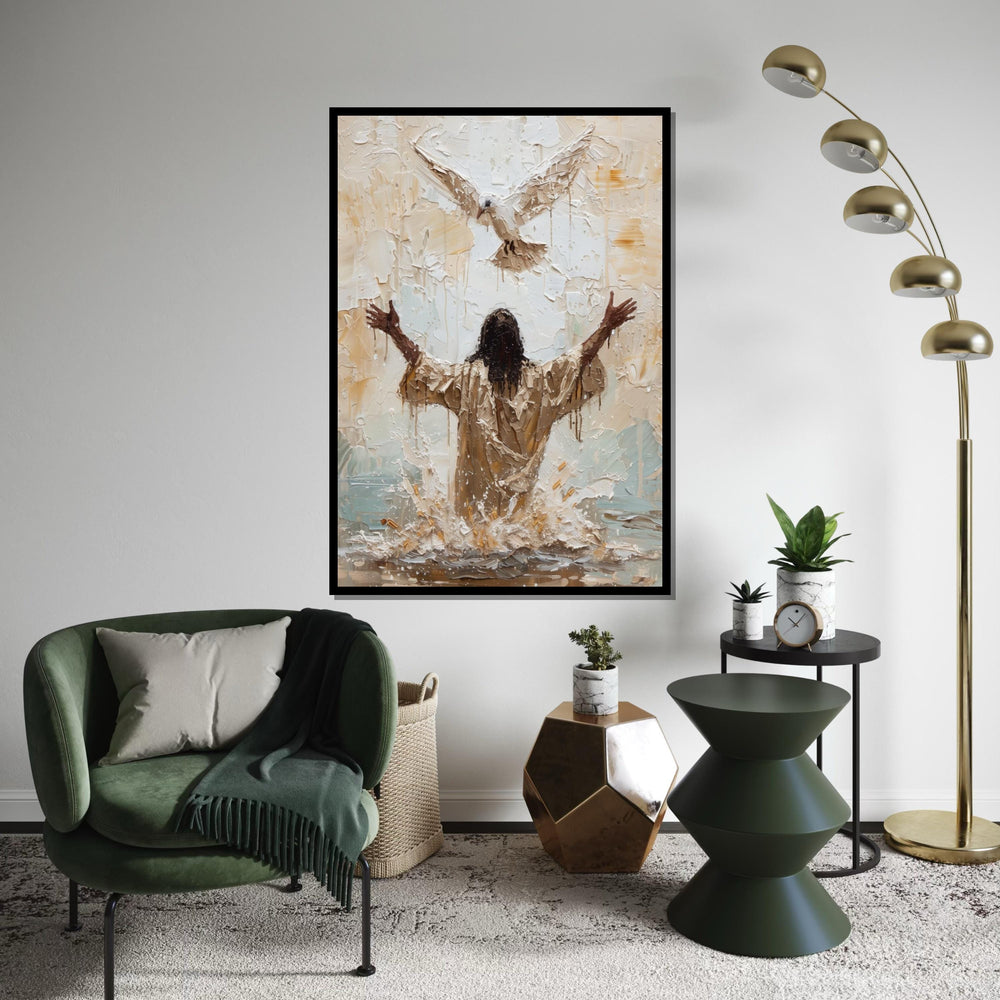 Baptism of Jesus Canvas Wall Art – Impasto Painting with Holy Spirit Dove, Inspirational Christian Décor, Spiritual Home Gift