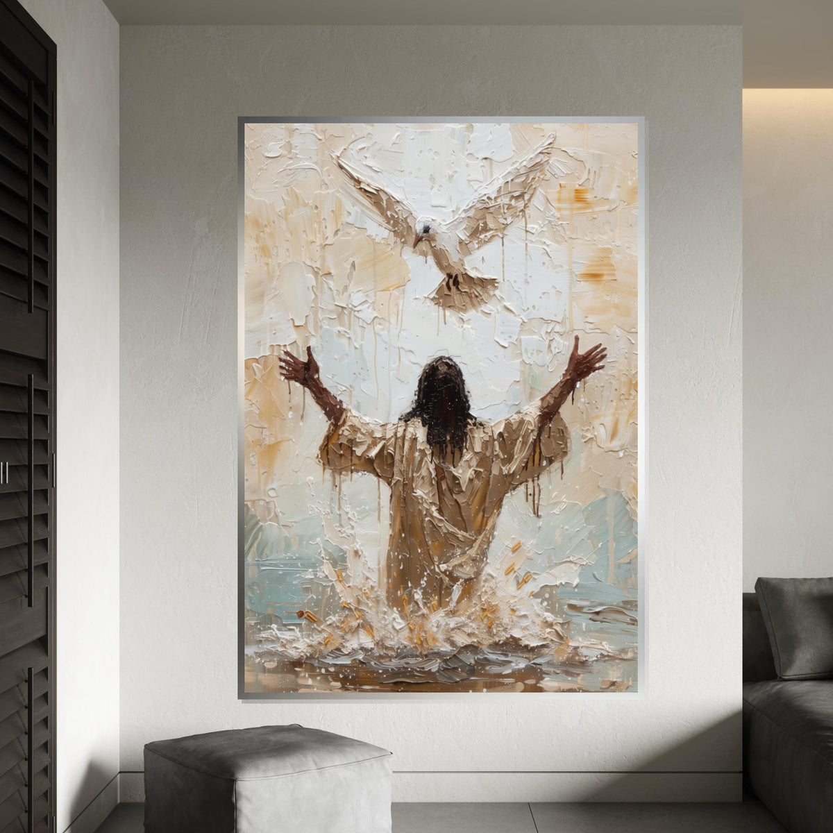 Baptism of Jesus Canvas Wall Art – Impasto Painting with Holy Spirit Dove, Inspirational Christian Décor, Spiritual Home Gift