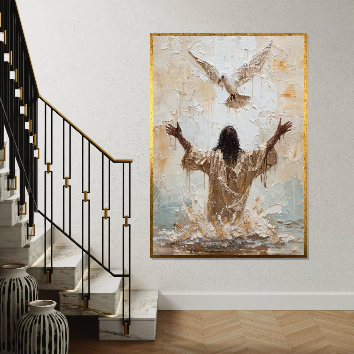 Baptism of Jesus Canvas Wall Art – Impasto Painting with Holy Spirit Dove, Inspirational Christian Décor, Spiritual Home Gift