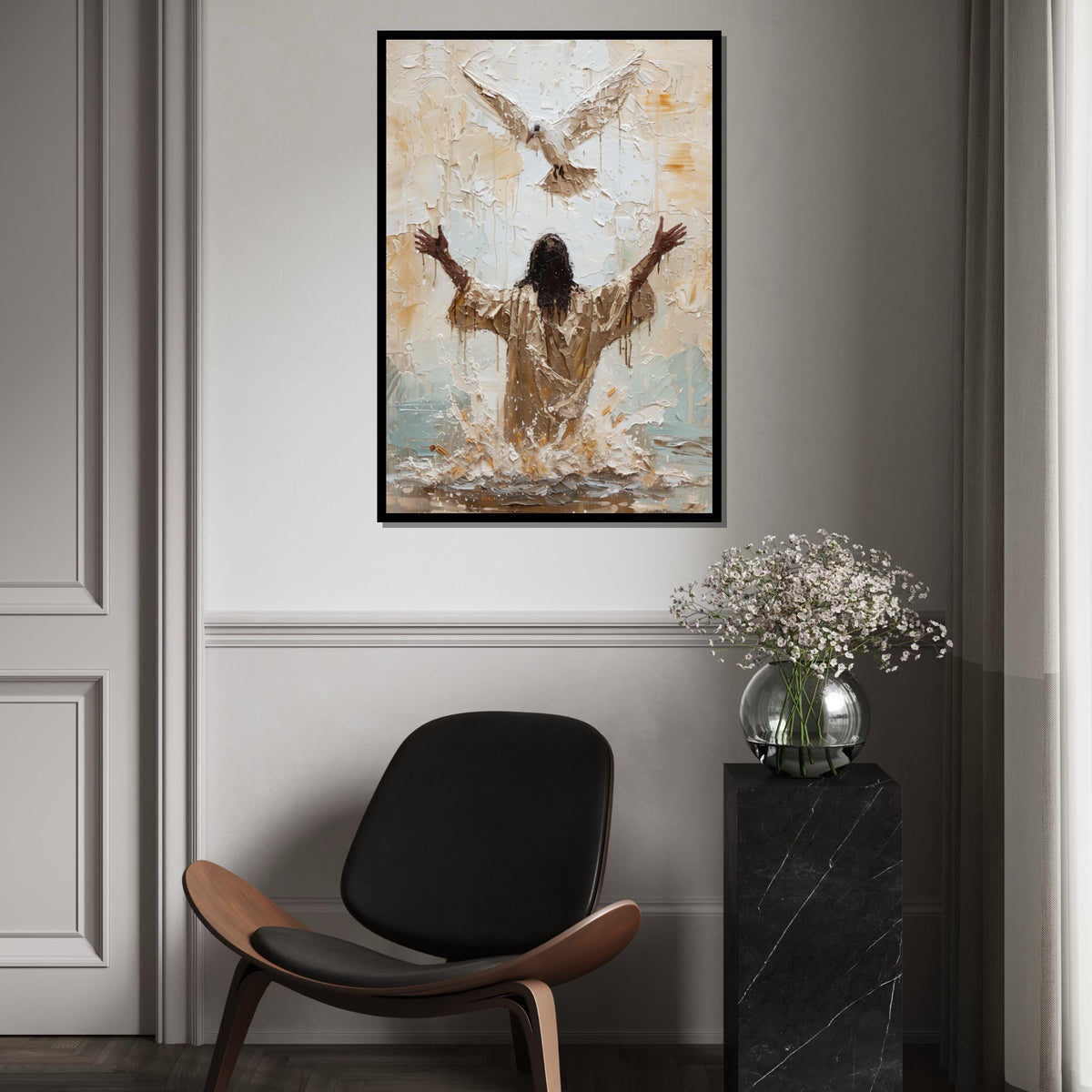 Baptism of Jesus Canvas Wall Art – Impasto Painting with Holy Spirit Dove, Inspirational Christian Décor, Spiritual Home Gift