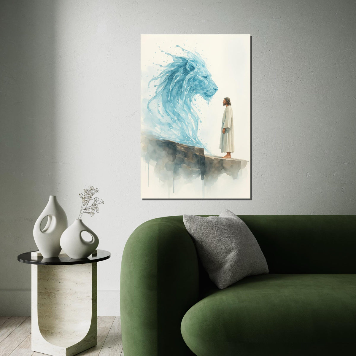 Watercolor Lion of Judah & Jesus Canvas Print – Prophetic Christian Wall Art, Blue Spiritual Painting, Inspirational Faith Home Décor Gift