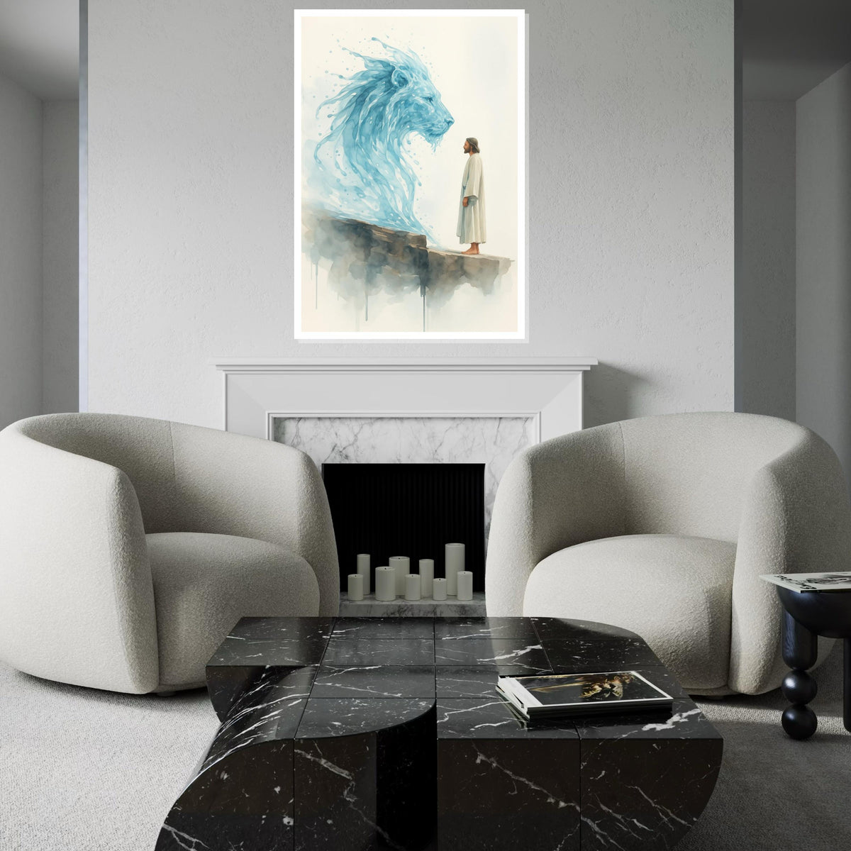 Watercolor Lion of Judah & Jesus Canvas Print – Prophetic Christian Wall Art, Blue Spiritual Painting, Inspirational Faith Home Décor Gift