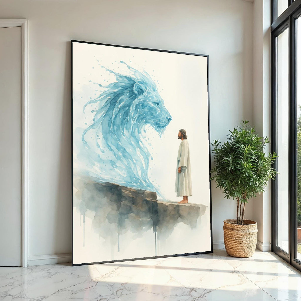 Watercolor Lion of Judah & Jesus Canvas Print – Prophetic Christian Wall Art, Blue Spiritual Painting, Inspirational Faith Home Décor Gift
