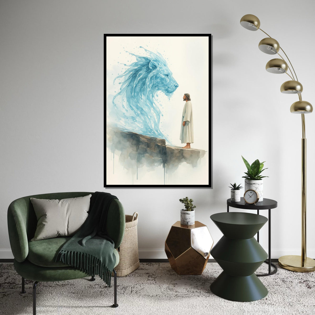 Watercolor Lion of Judah & Jesus Canvas Print – Prophetic Christian Wall Art, Blue Spiritual Painting, Inspirational Faith Home Décor Gift