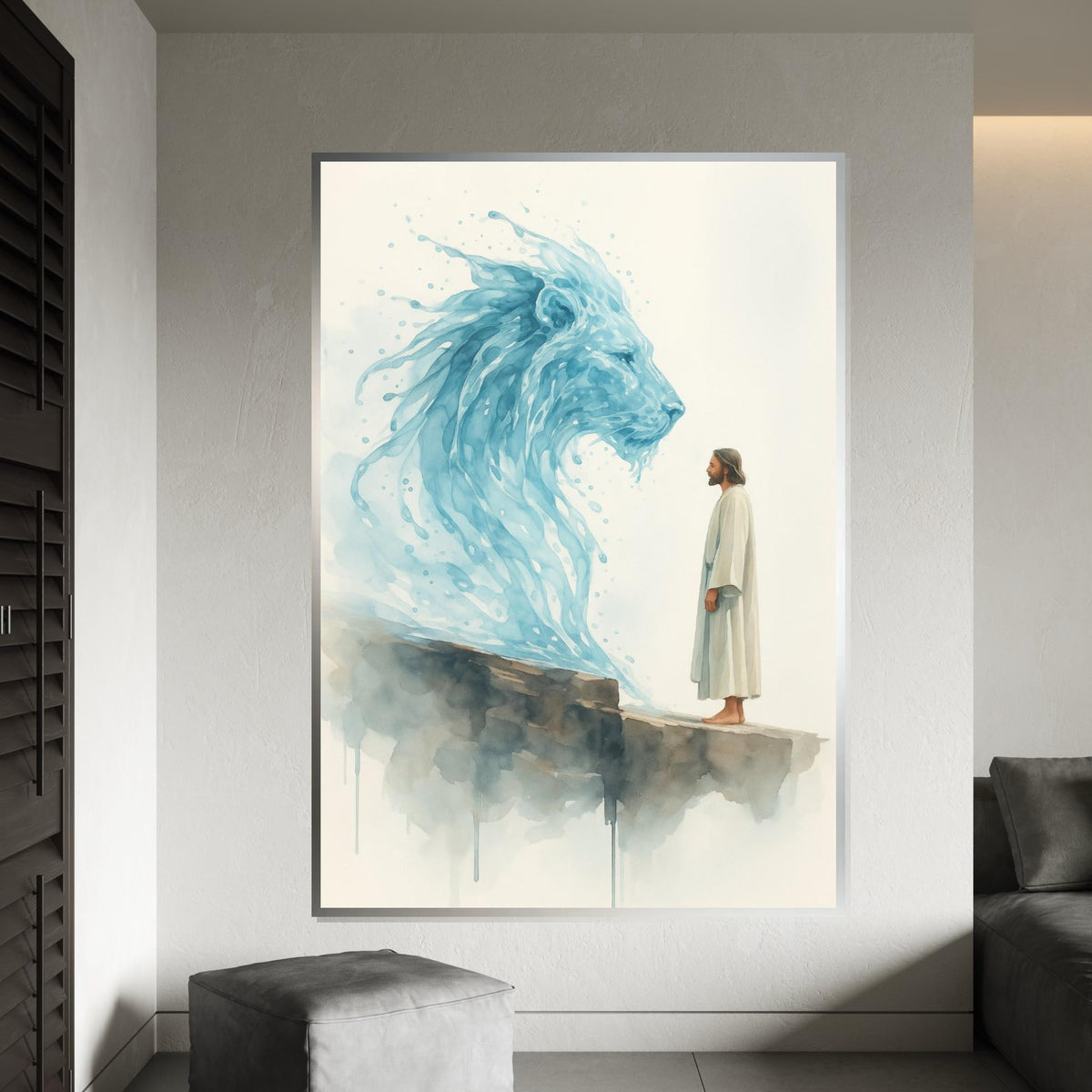 Watercolor Lion of Judah & Jesus Canvas Print – Prophetic Christian Wall Art, Blue Spiritual Painting, Inspirational Faith Home Décor Gift