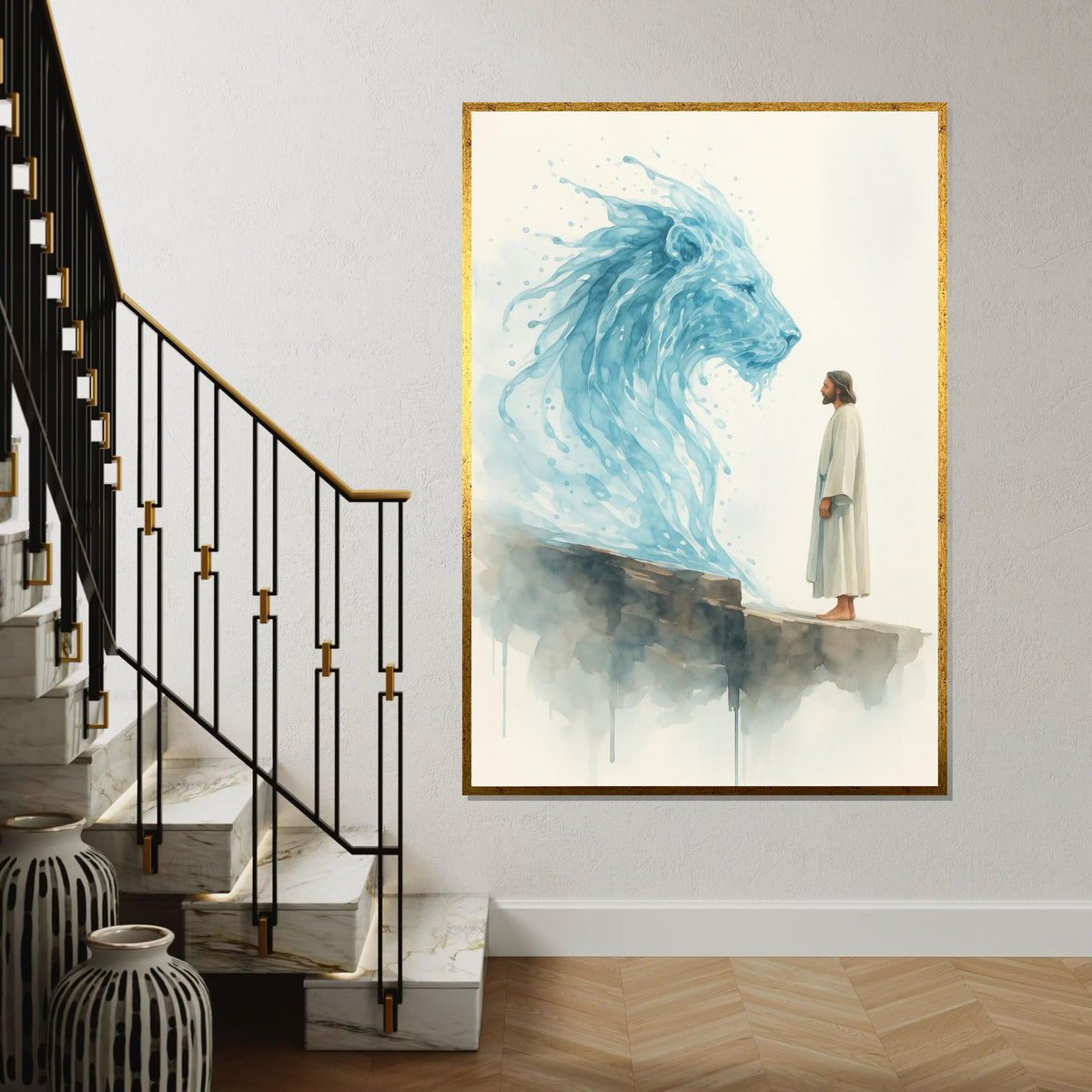 Watercolor Lion of Judah & Jesus Canvas Print – Prophetic Christian Wall Art, Blue Spiritual Painting, Inspirational Faith Home Décor Gift