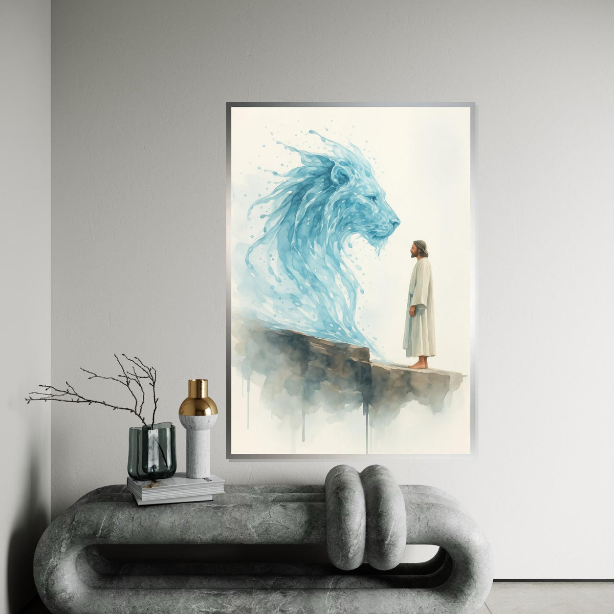 Watercolor Lion of Judah & Jesus Canvas Print – Prophetic Christian Wall Art, Blue Spiritual Painting, Inspirational Faith Home Décor Gift