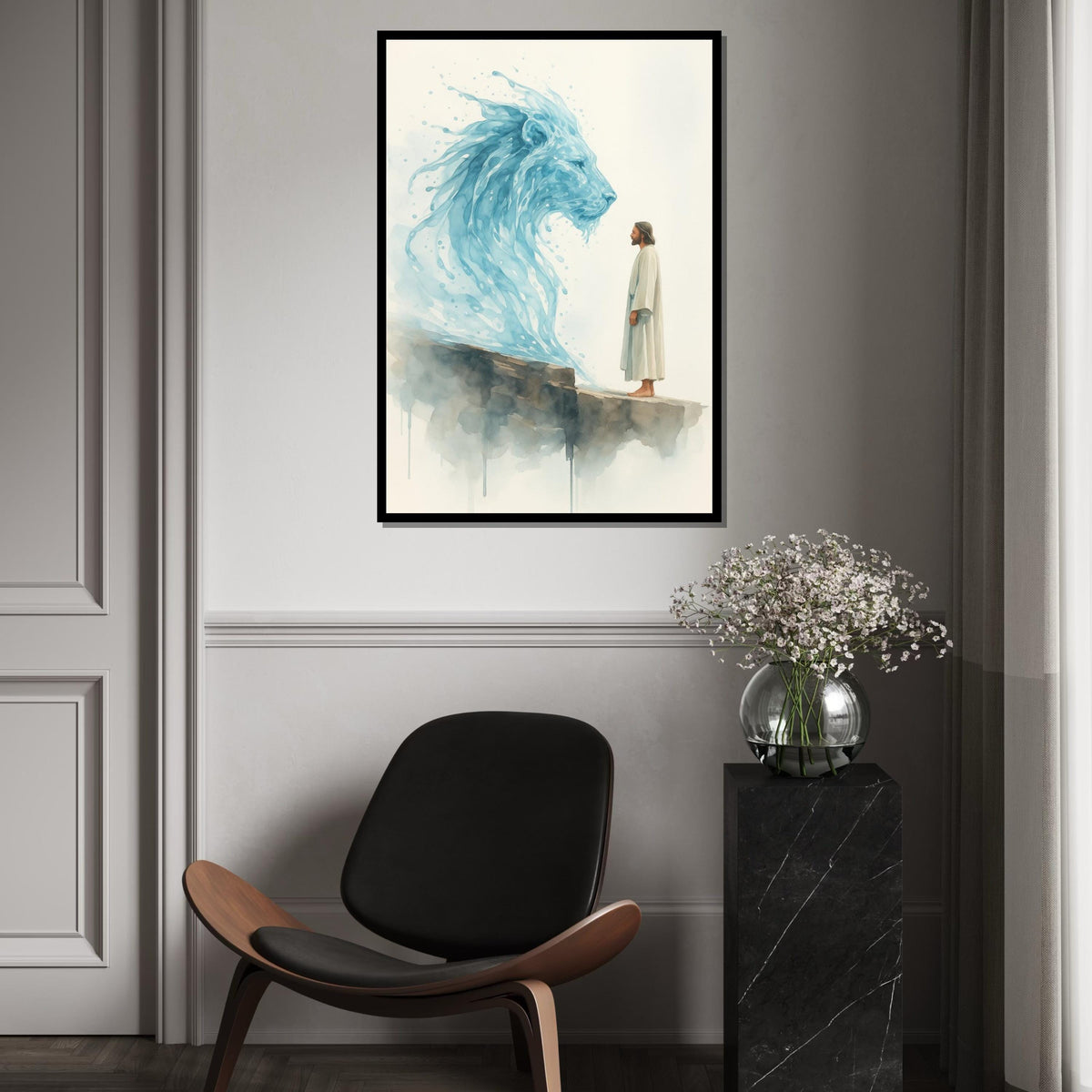 Watercolor Lion of Judah & Jesus Canvas Print – Prophetic Christian Wall Art, Blue Spiritual Painting, Inspirational Faith Home Décor Gift