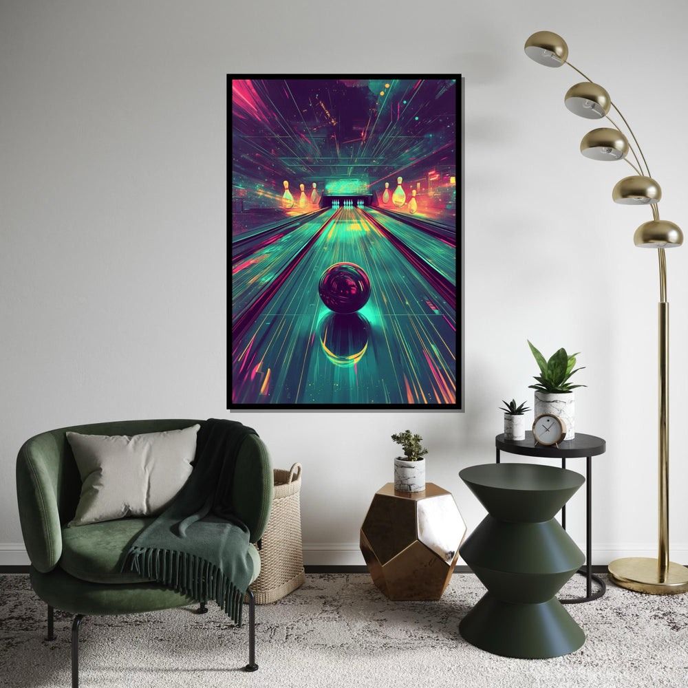 Cyberpunk Bowling Alley Canvas Print – Vibrant Neon Synthwave Bowling Ball Art, Retro Gaming Room Wall Decor, Futuristic Arcade Gift