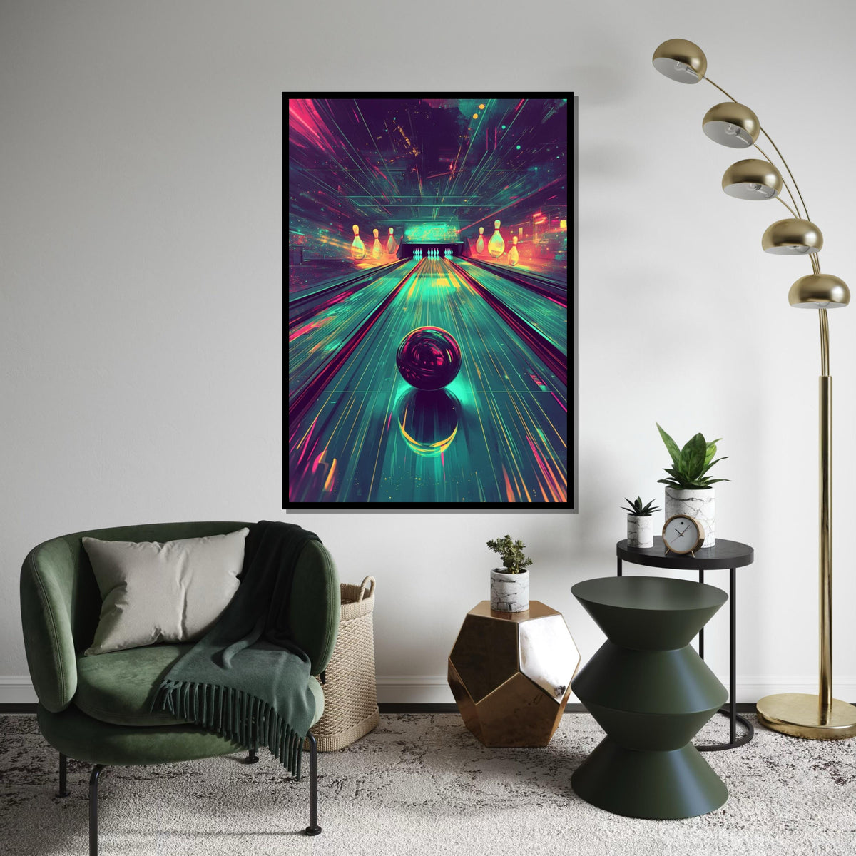 Cyberpunk Bowling Alley Canvas Print – Vibrant Neon Synthwave Bowling Ball Art, Retro Gaming Room Wall Decor, Futuristic Arcade Gift