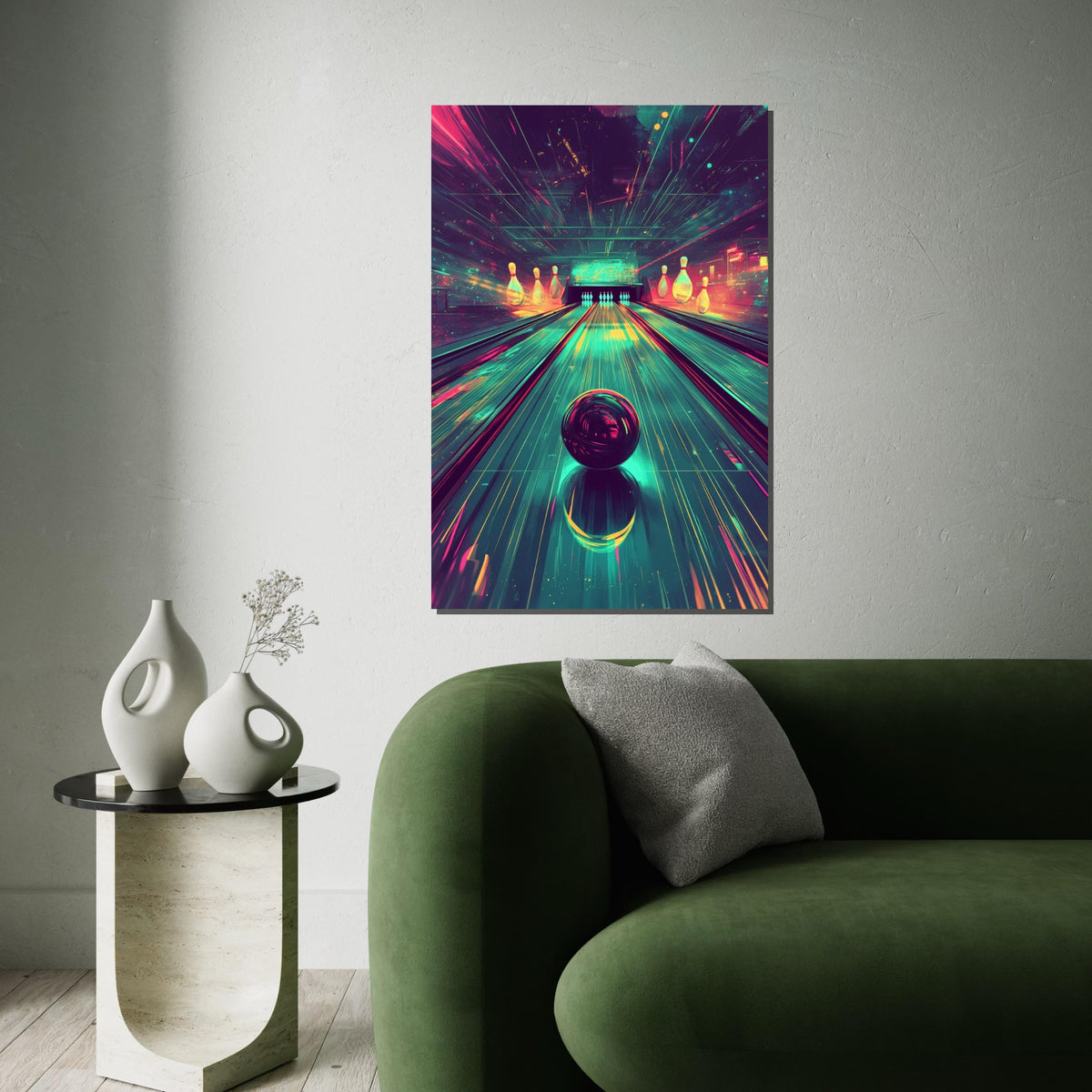 Cyberpunk Bowling Alley Canvas Print – Vibrant Neon Synthwave Bowling Ball Art, Retro Gaming Room Wall Decor, Futuristic Arcade Gift