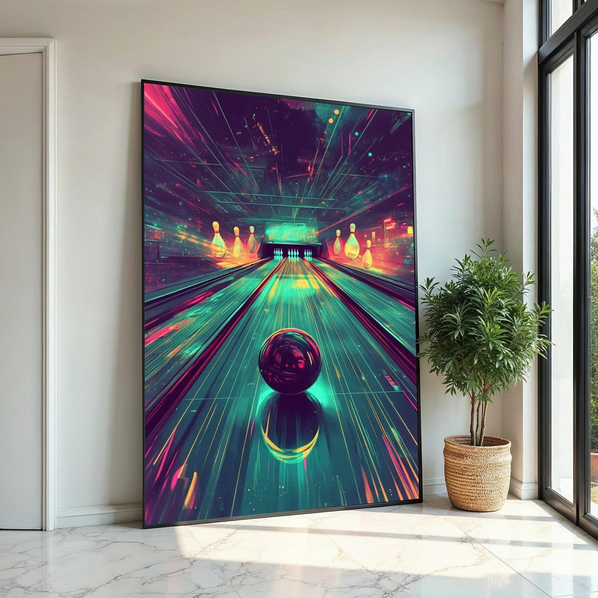 Cyberpunk Bowling Alley Canvas Print – Vibrant Neon Synthwave Bowling Ball Art, Retro Gaming Room Wall Decor, Futuristic Arcade Gift