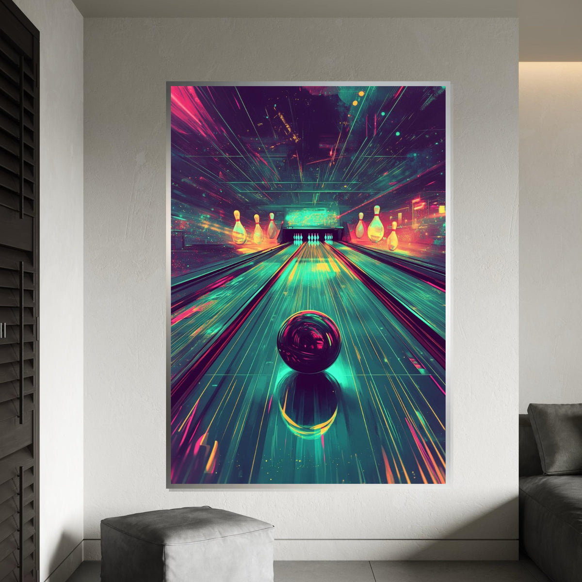 Cyberpunk Bowling Alley Canvas Print – Vibrant Neon Synthwave Bowling Ball Art, Retro Gaming Room Wall Decor, Futuristic Arcade Gift
