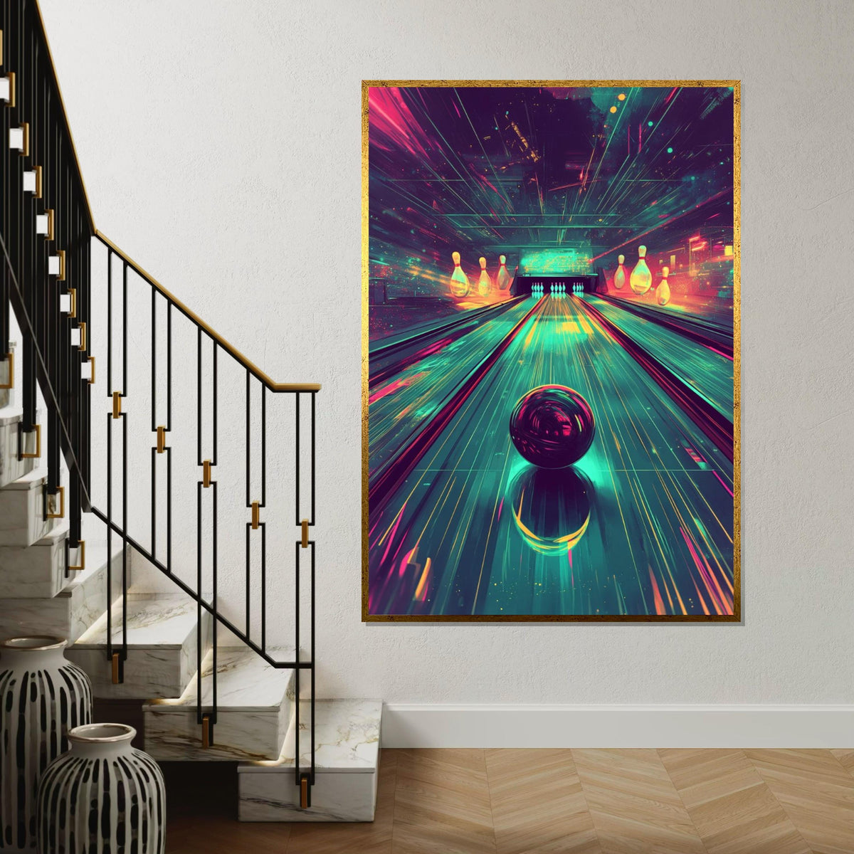 Cyberpunk Bowling Alley Canvas Print – Vibrant Neon Synthwave Bowling Ball Art, Retro Gaming Room Wall Decor, Futuristic Arcade Gift