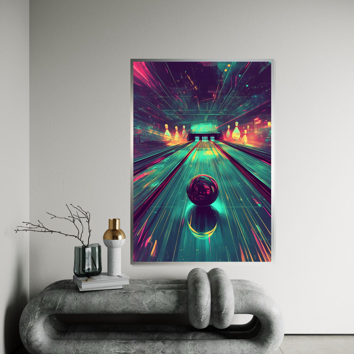 Cyberpunk Bowling Alley Canvas Print – Vibrant Neon Synthwave Bowling Ball Art, Retro Gaming Room Wall Decor, Futuristic Arcade Gift