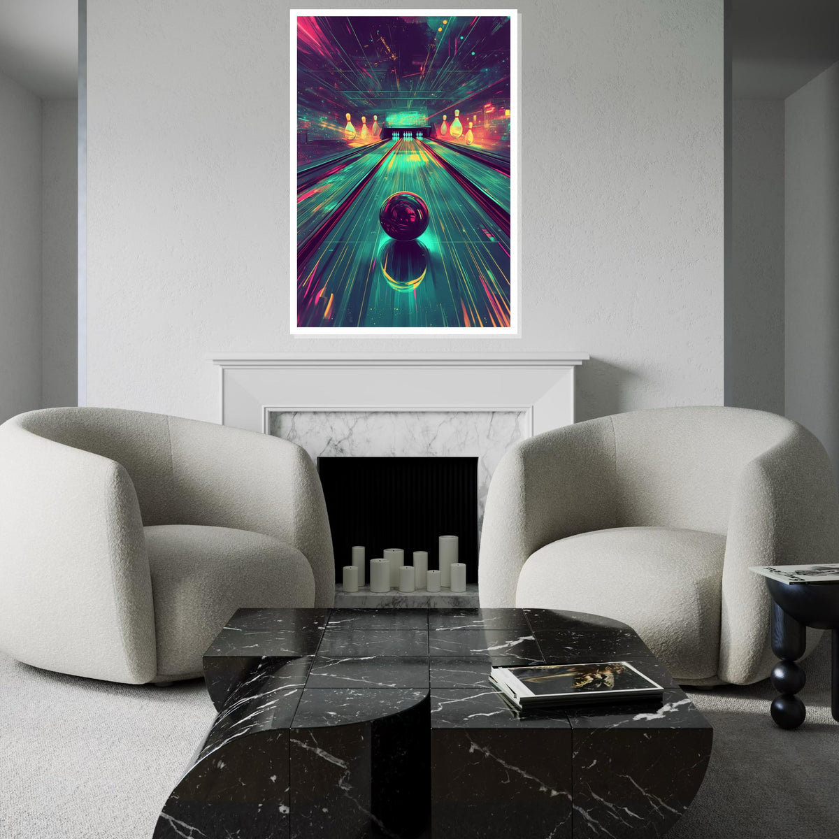 Cyberpunk Bowling Alley Canvas Print – Vibrant Neon Synthwave Bowling Ball Art, Retro Gaming Room Wall Decor, Futuristic Arcade Gift