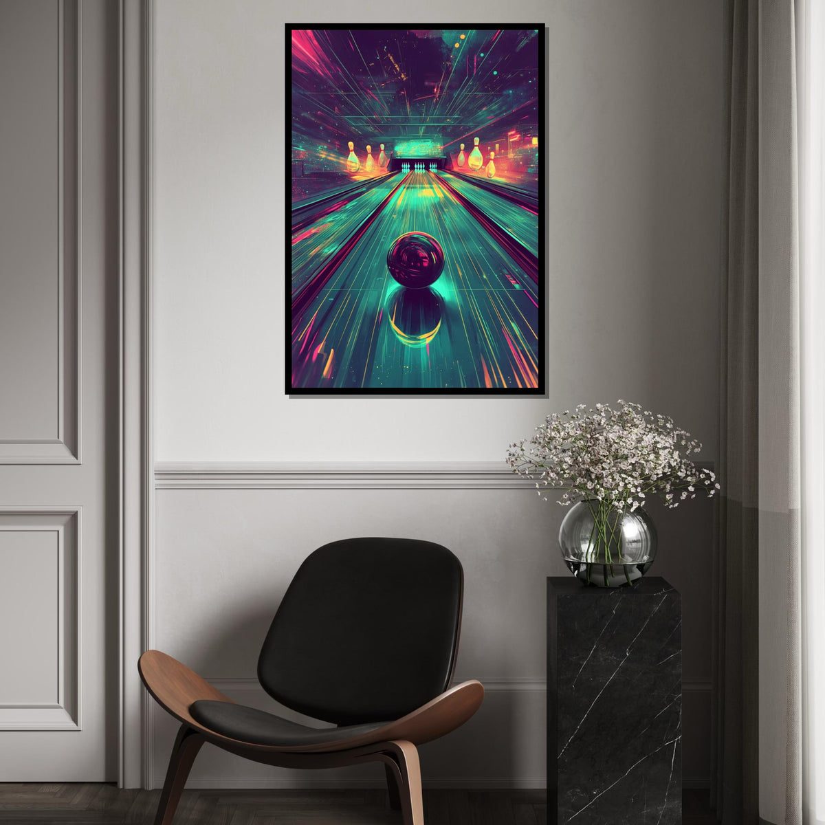 Cyberpunk Bowling Alley Canvas Print – Vibrant Neon Synthwave Bowling Ball Art, Retro Gaming Room Wall Decor, Futuristic Arcade Gift