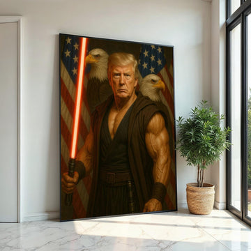 Trump Patriotic Warrior Canvas Print,Muscular Sentinel with Red Energy Blade,President of the United States,Bold Americana Pop Art DécorGift