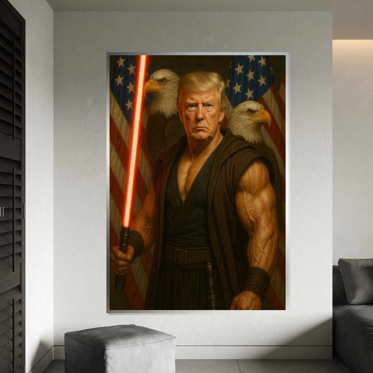 Trump Patriotic Warrior Canvas Print,Muscular Sentinel with Red Energy Blade,President of the United States,Bold Americana Pop Art DécorGift