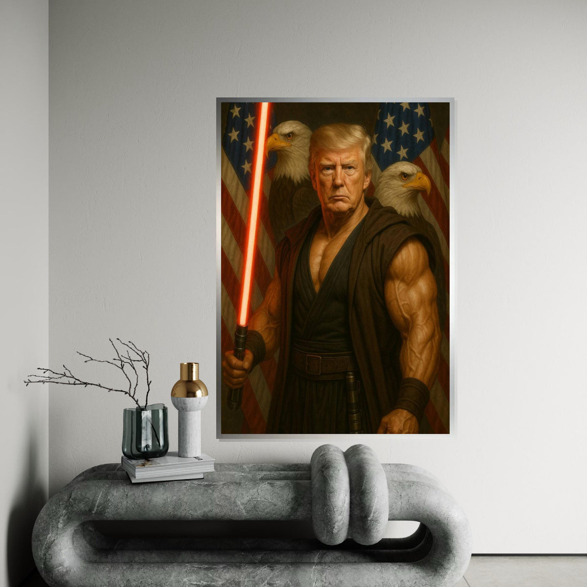 Trump Patriotic Warrior Canvas Print,Muscular Sentinel with Red Energy Blade,President of the United States,Bold Americana Pop Art DécorGift
