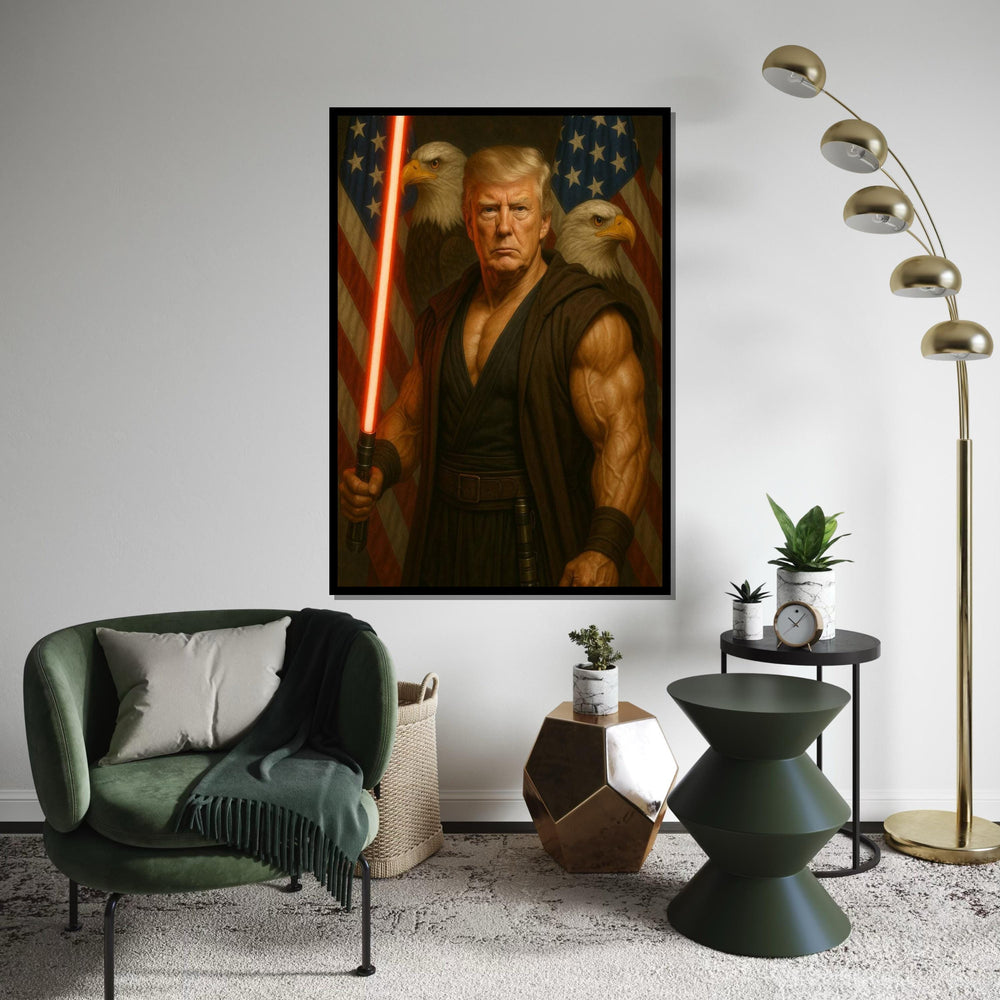 Trump Patriotic Warrior Canvas Print,Muscular Sentinel with Red Energy Blade,President of the United States,Bold Americana Pop Art DécorGift
