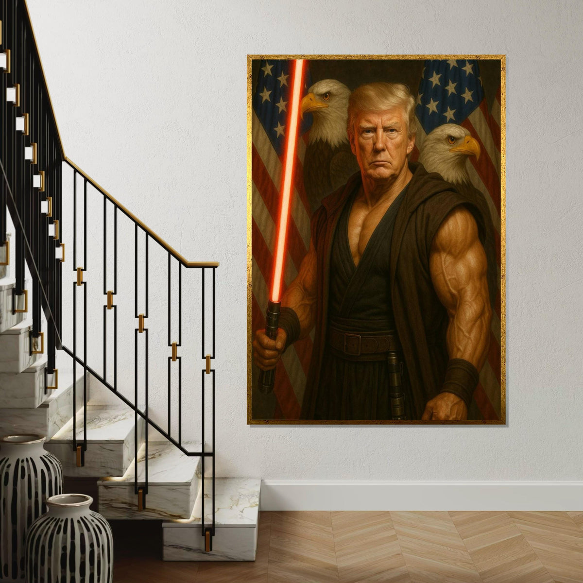 Trump Patriotic Warrior Canvas Print,Muscular Sentinel with Red Energy Blade,President of the United States,Bold Americana Pop Art DécorGift