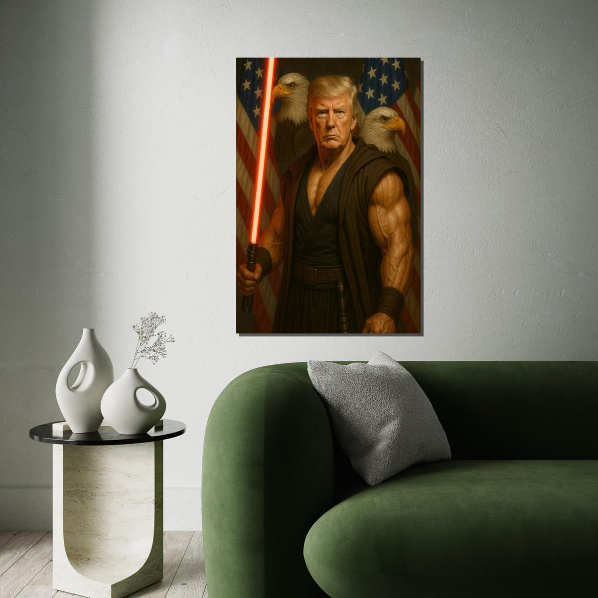 Trump Patriotic Warrior Canvas Print,Muscular Sentinel with Red Energy Blade,President of the United States,Bold Americana Pop Art DécorGift