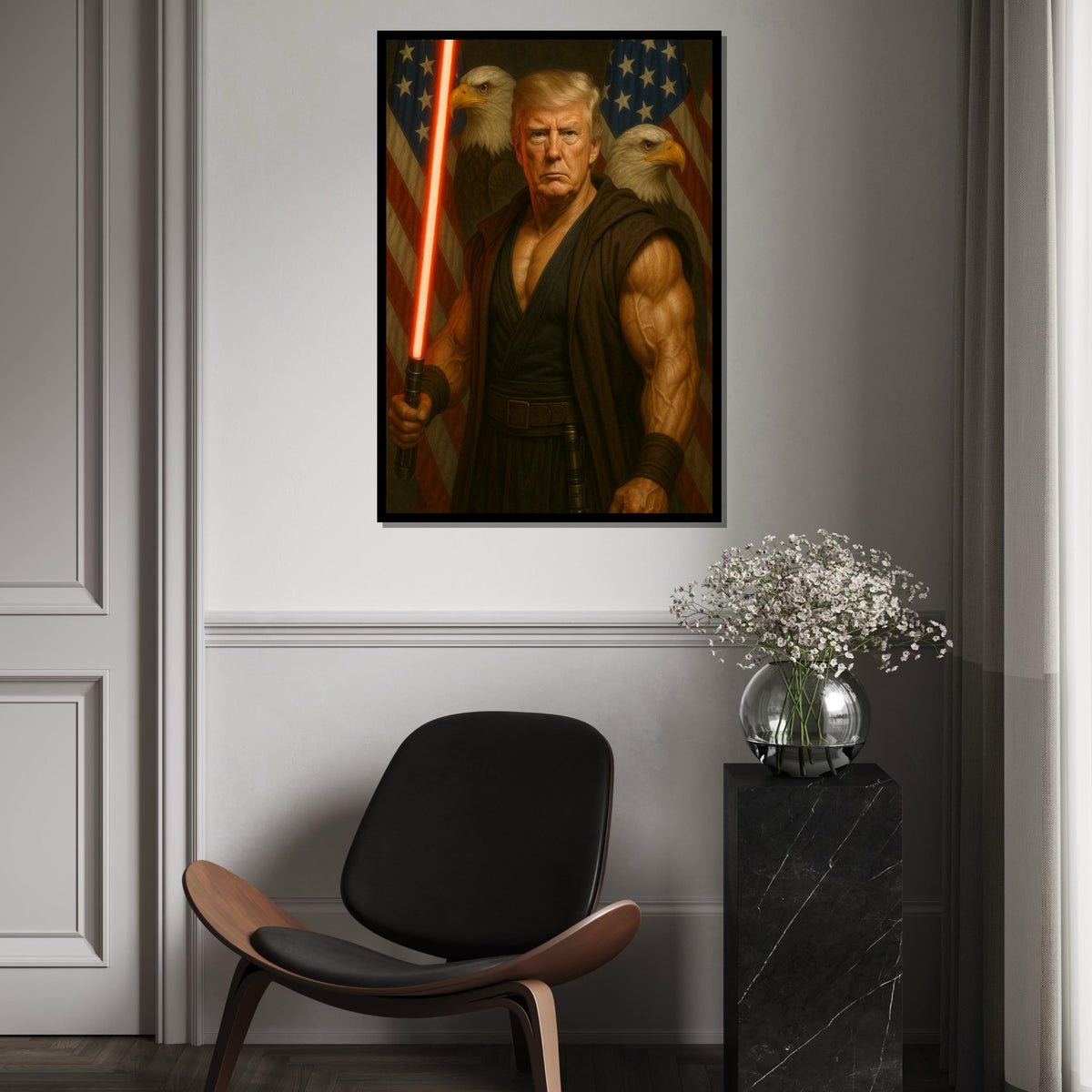 Trump Patriotic Warrior Canvas Print,Muscular Sentinel with Red Energy Blade,President of the United States,Bold Americana Pop Art DécorGift