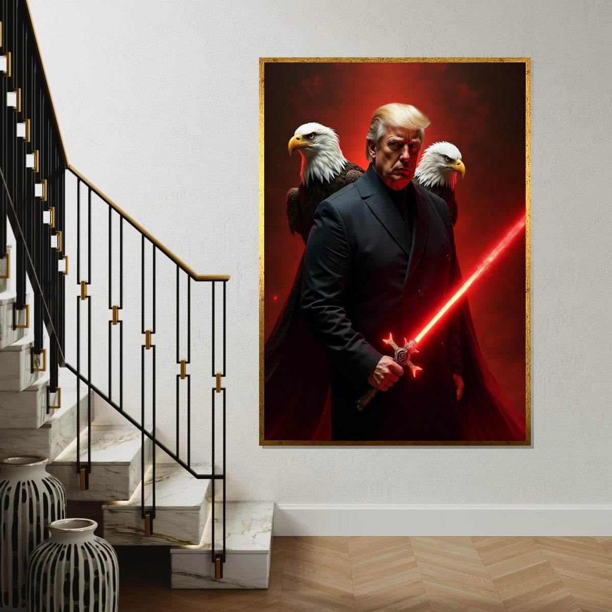 Trump Canvas Print,Muscular Sentinel with Red Energy Blade,President of the United States,Bold Americana Pop Art DécorGift