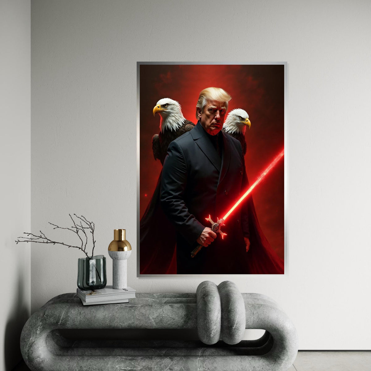Trump Canvas Print,Muscular Sentinel with Red Energy Blade,President of the United States,Bold Americana Pop Art DécorGift