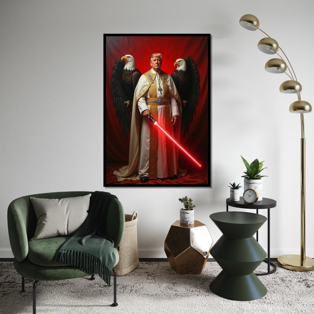 Donald Trump in Pope Costume, with Red Sword, Eagles Behind Him, US President, American Eagle and Flag Canvas, Unique Political Gift Idea