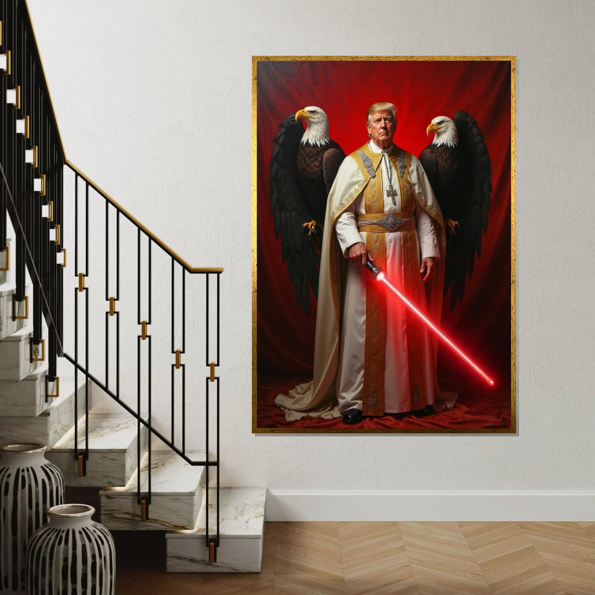 Donald Trump in Pope Costume, with Red Sword, Eagles Behind Him, US President, American Eagle and Flag Canvas, Unique Political Gift Idea
