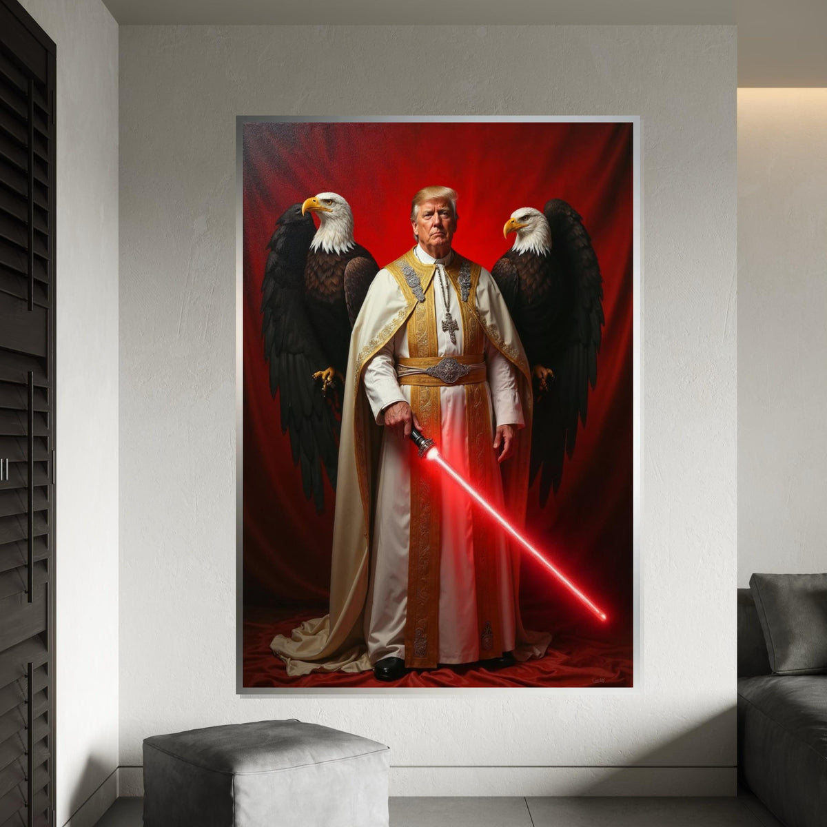 Donald Trump in Pope Costume, with Red Sword, Eagles Behind Him, US President, American Eagle and Flag Canvas, Unique Political Gift Idea