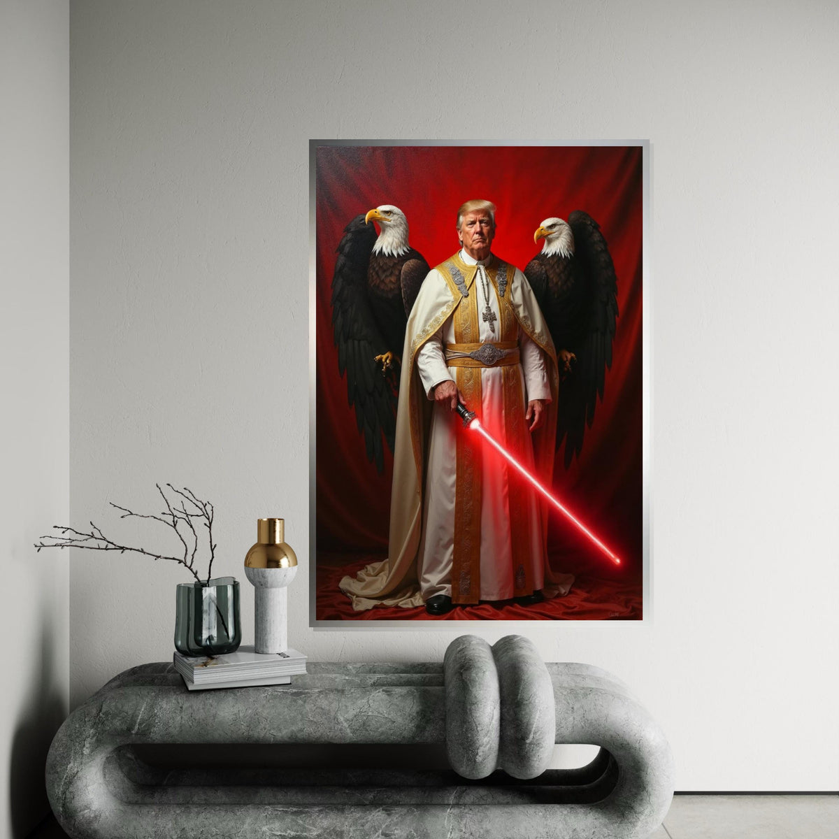 Donald Trump in Pope Costume, with Red Sword, Eagles Behind Him, US President, American Eagle and Flag Canvas, Unique Political Gift Idea