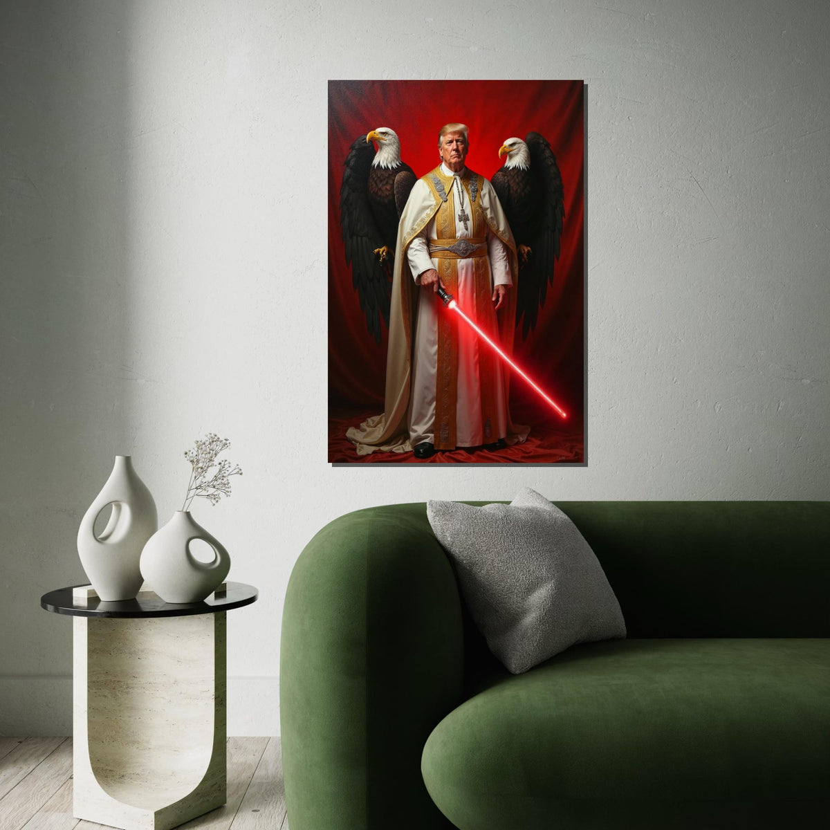 Donald Trump in Pope Costume, with Red Sword, Eagles Behind Him, US President, American Eagle and Flag Canvas, Unique Political Gift Idea
