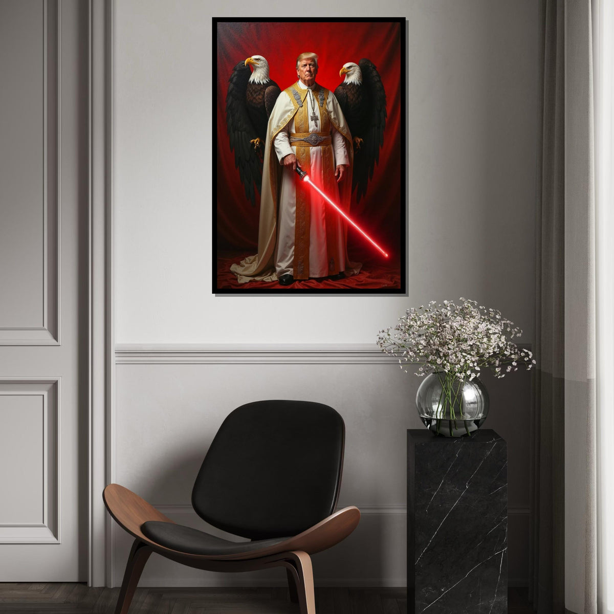 Donald Trump in Pope Costume, with Red Sword, Eagles Behind Him, US President, American Eagle and Flag Canvas, Unique Political Gift Idea