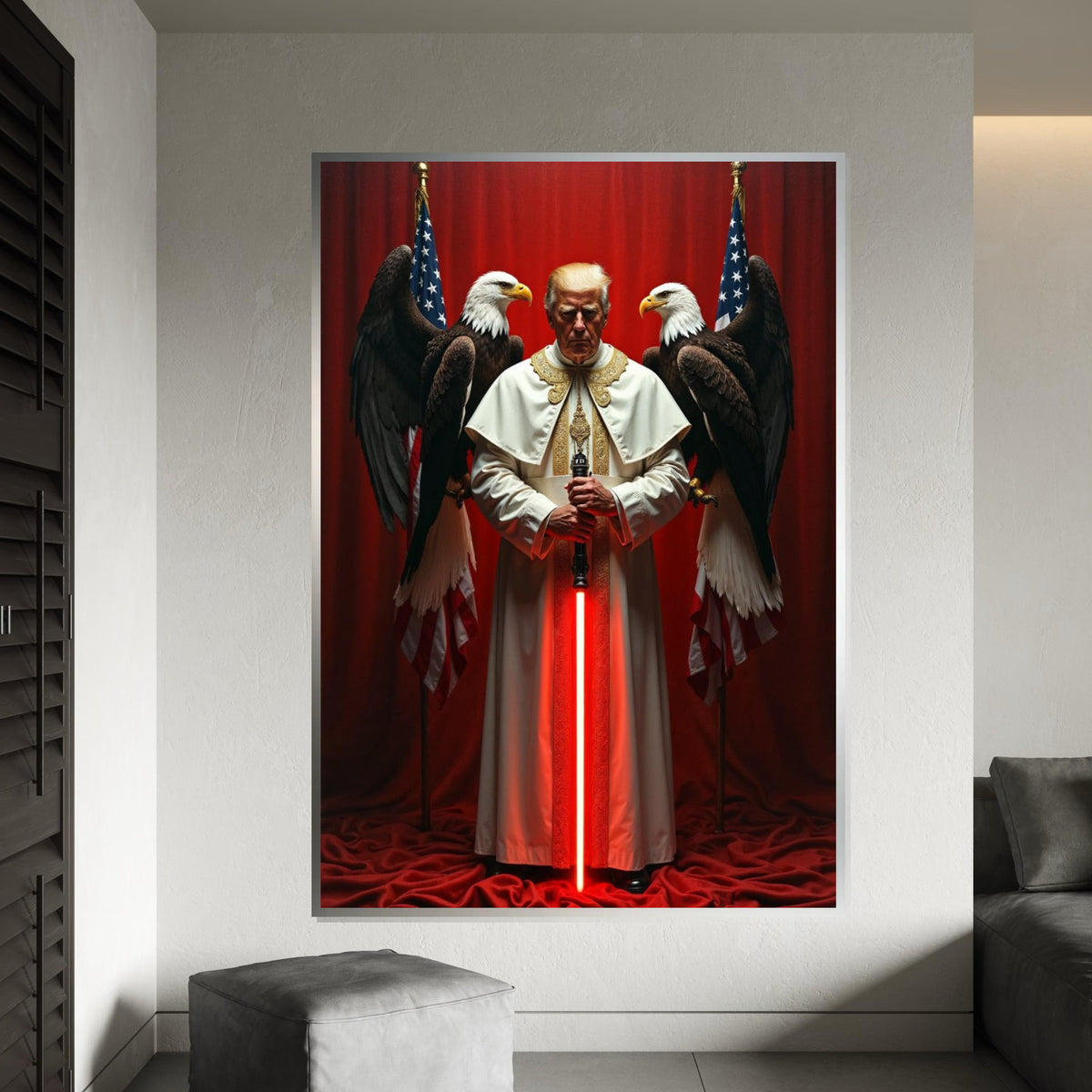 Trump in Pope Costume, with Red Sword, Eagles Behind Him, US President, American Eagle and Flag Canvas, Unique Political Gift Idea