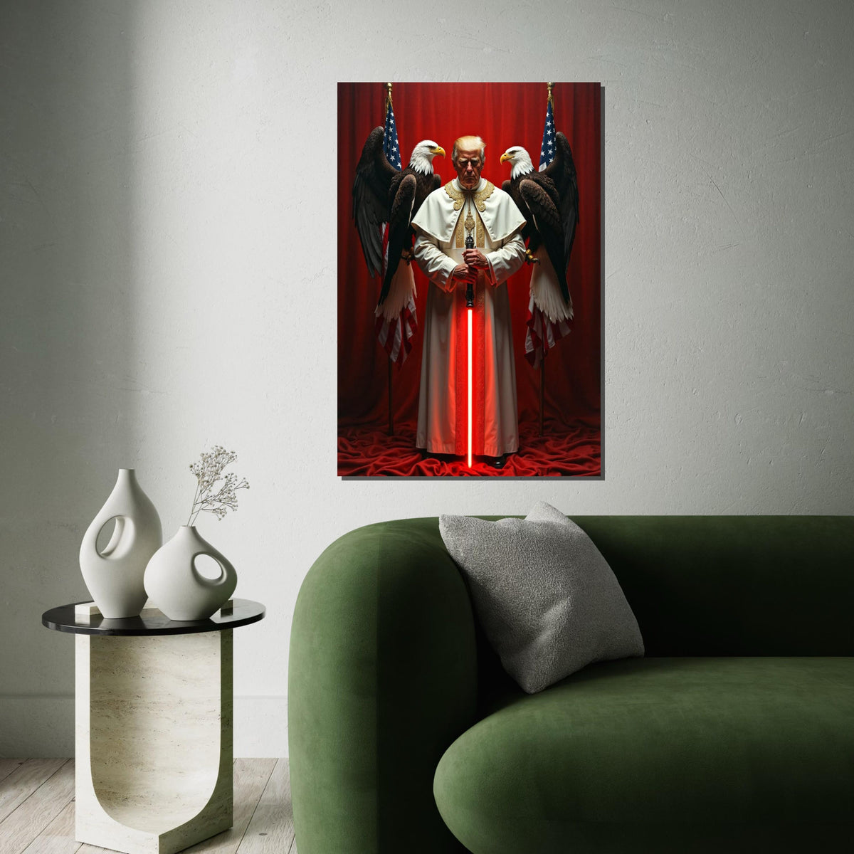 Trump in Pope Costume, with Red Sword, Eagles Behind Him, US President, American Eagle and Flag Canvas, Unique Political Gift Idea