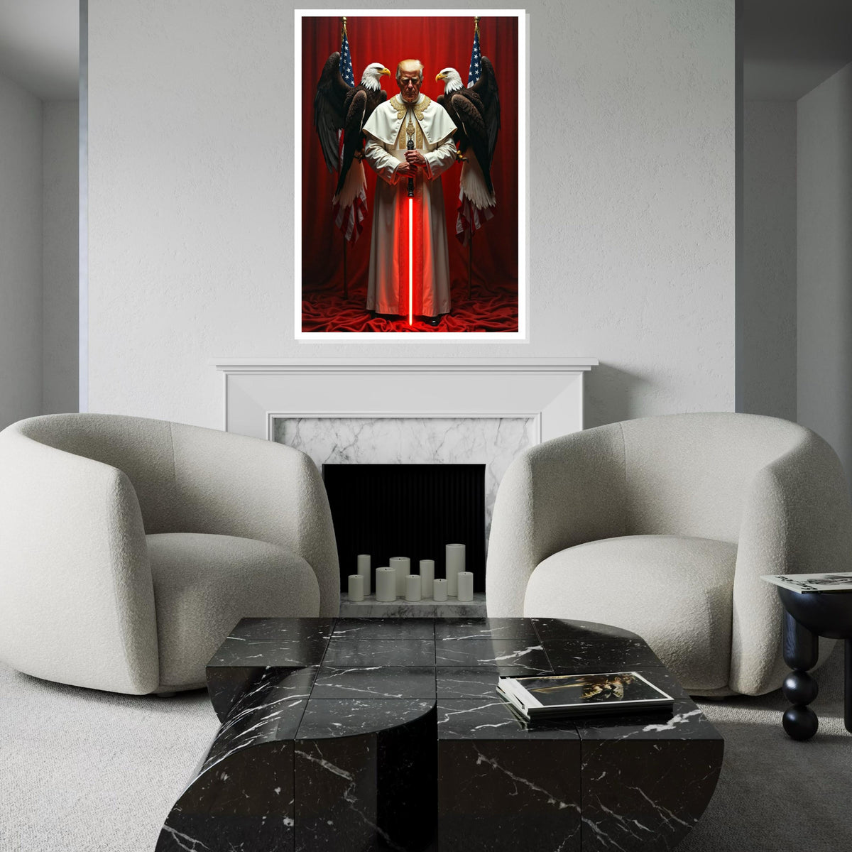 Trump in Pope Costume, with Red Sword, Eagles Behind Him, US President, American Eagle and Flag Canvas, Unique Political Gift Idea