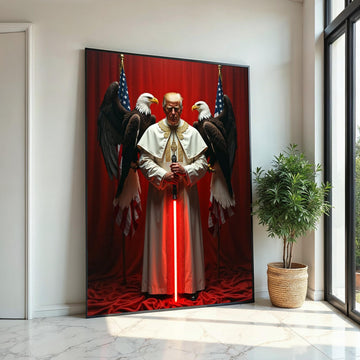 Trump in Pope Costume, with Red Sword, Eagles Behind Him, US President, American Eagle and Flag Canvas, Unique Political Gift Idea