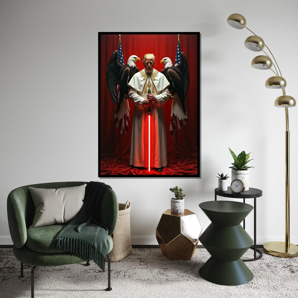 Trump in Pope Costume, with Red Sword, Eagles Behind Him, US President, American Eagle and Flag Canvas, Unique Political Gift Idea
