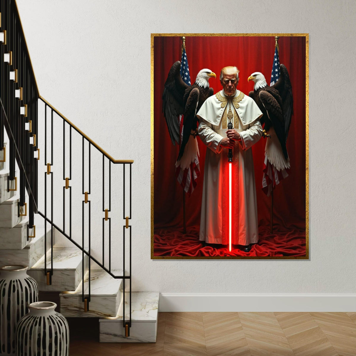 Trump in Pope Costume, with Red Sword, Eagles Behind Him, US President, American Eagle and Flag Canvas, Unique Political Gift Idea
