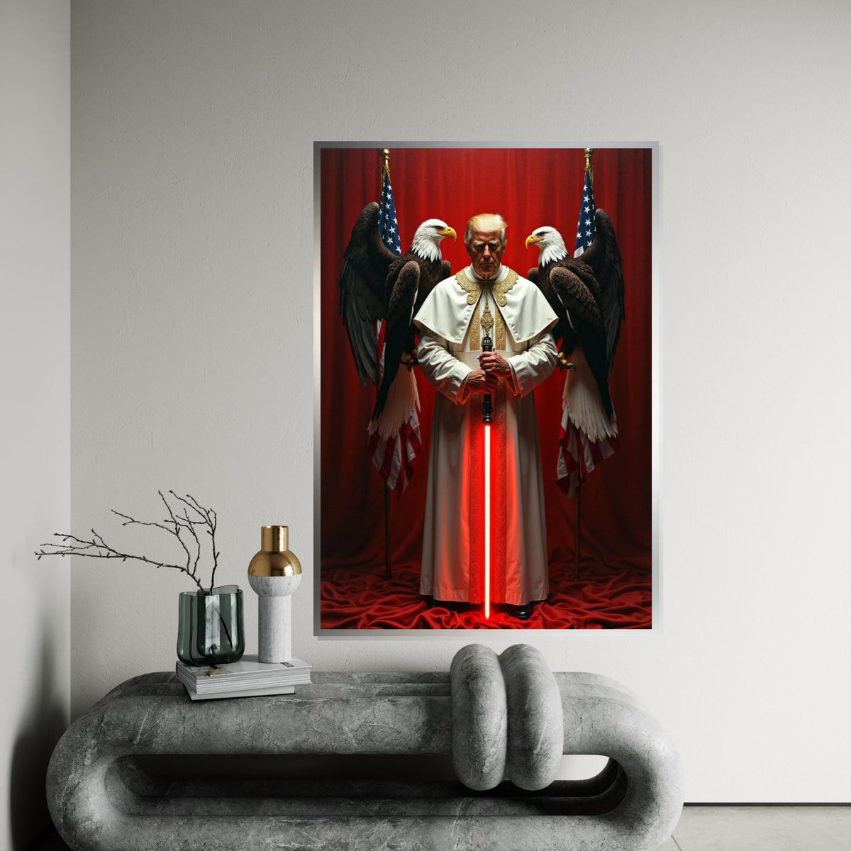 Trump in Pope Costume, with Red Sword, Eagles Behind Him, US President, American Eagle and Flag Canvas, Unique Political Gift Idea