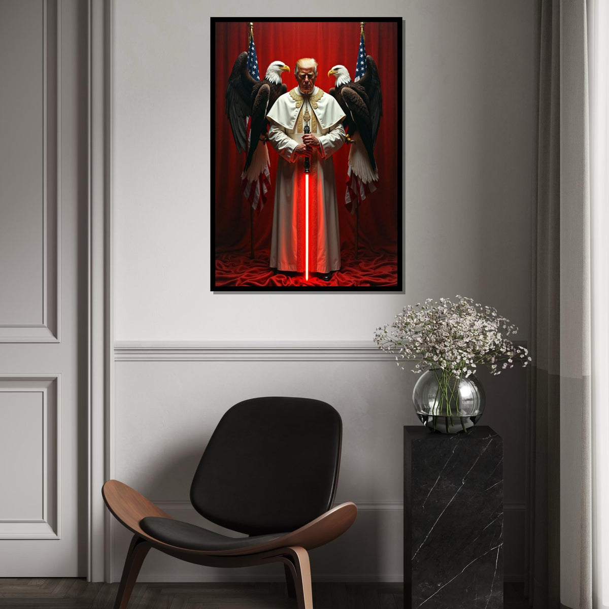 Trump in Pope Costume, with Red Sword, Eagles Behind Him, US President, American Eagle and Flag Canvas, Unique Political Gift Idea