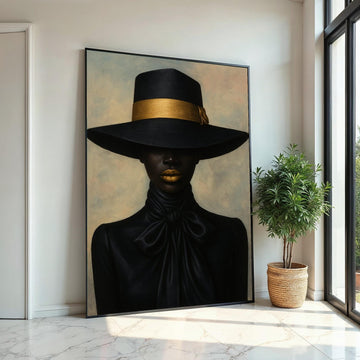 Black Hat Elegance Canvas Print – Chic Afro Woman with Gold Band & Lips, Minimalist Fashion Portrait Wall Art, Luxe Décor Gift