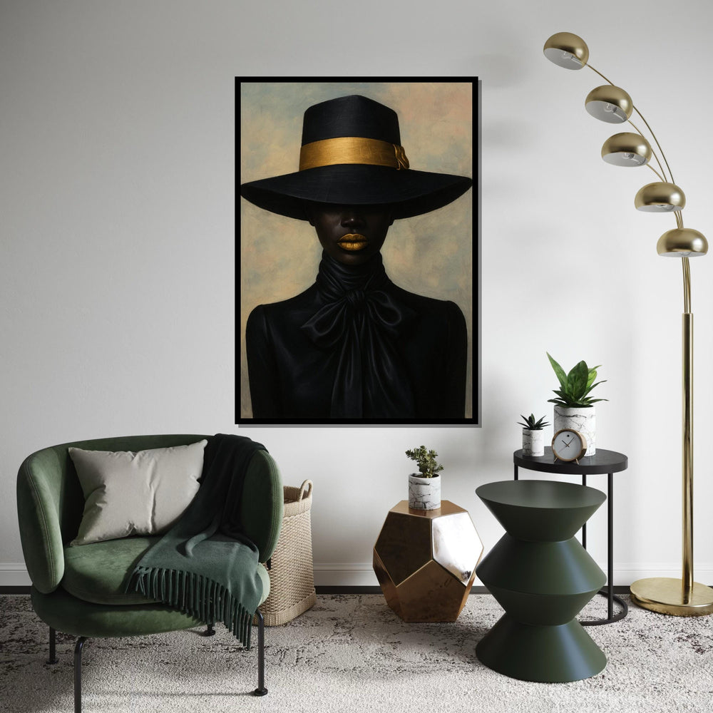 Black Hat Elegance Canvas Print – Chic Afro Woman with Gold Band & Lips, Minimalist Fashion Portrait Wall Art, Luxe Décor Gift