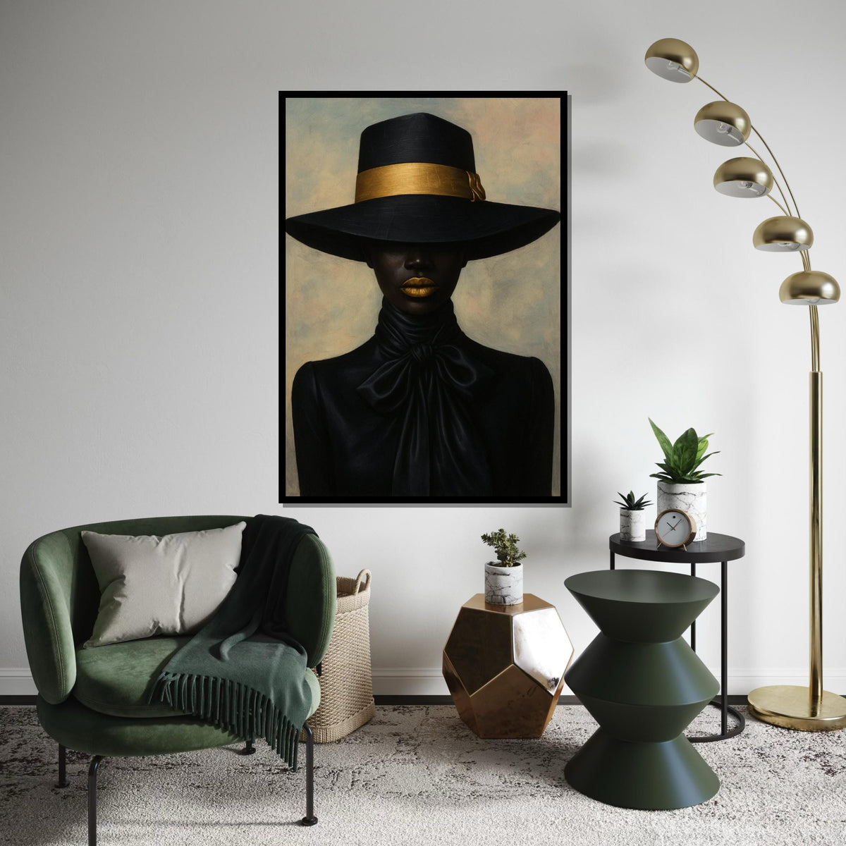 Black Hat Elegance Canvas Print – Chic Afro Woman with Gold Band & Lips, Minimalist Fashion Portrait Wall Art, Luxe Décor Gift