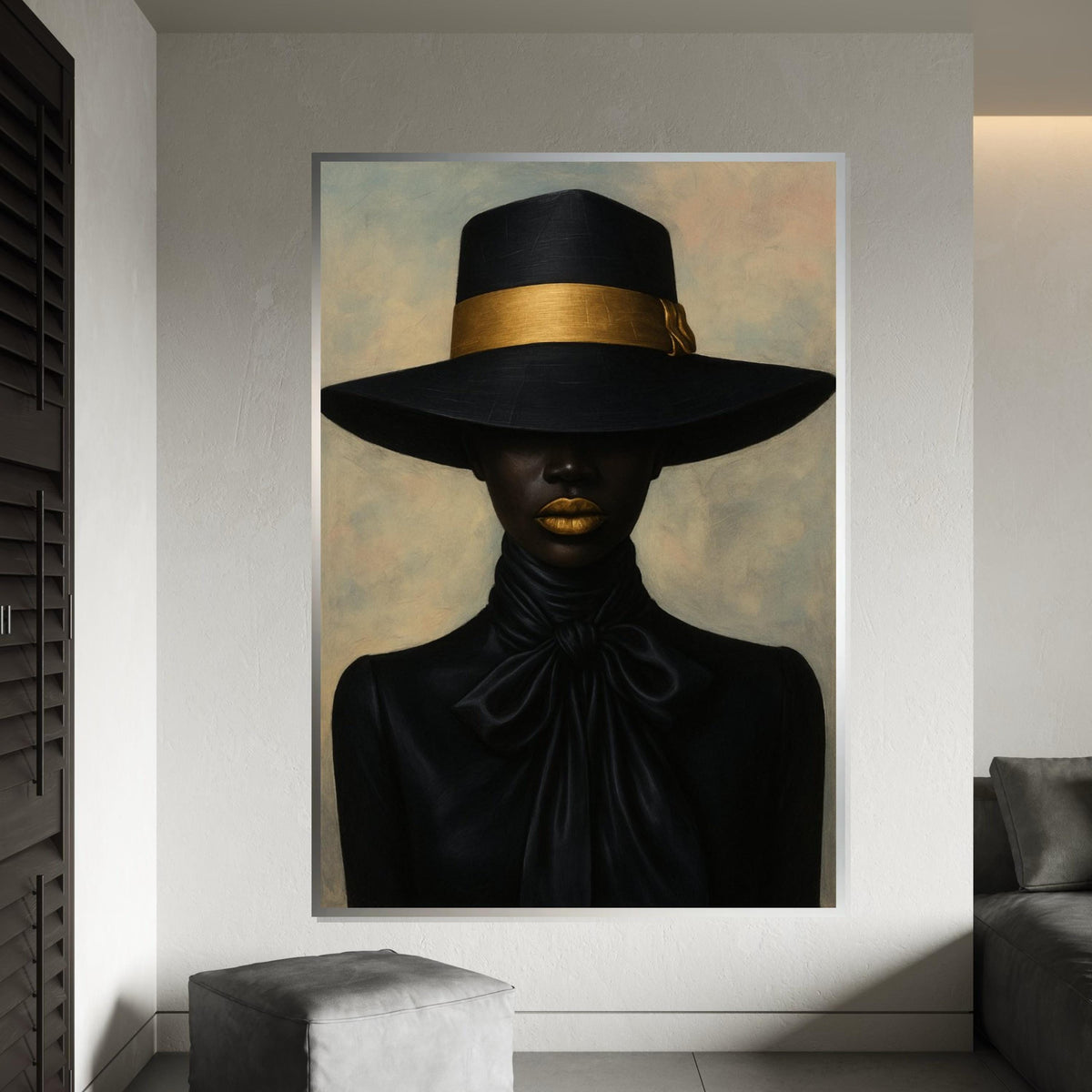 Black Hat Elegance Canvas Print – Chic Afro Woman with Gold Band & Lips, Minimalist Fashion Portrait Wall Art, Luxe Décor Gift